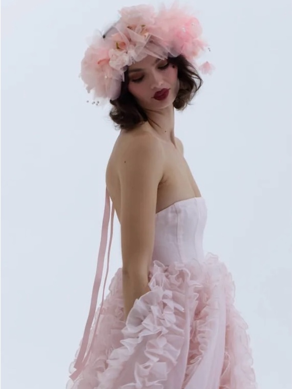 Selkie Blush Riviera Pink Ruffled Ball Gown Dress with removable sleeves - Picture 2 of 7